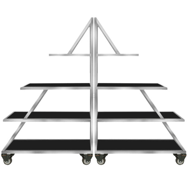 A black stainless steel rolling buffet with triangle black shelves.