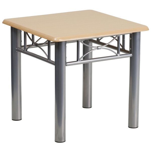 A Flash Furniture square end table with a metal frame and natural wood top.