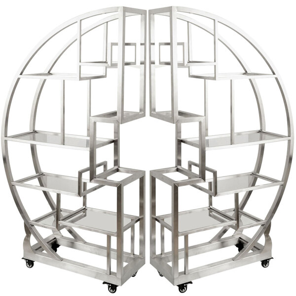 A stainless steel cartwheel with metal shelves.
