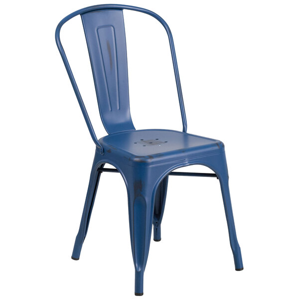 A Flash Furniture blue metal restaurant chair with a metal back.