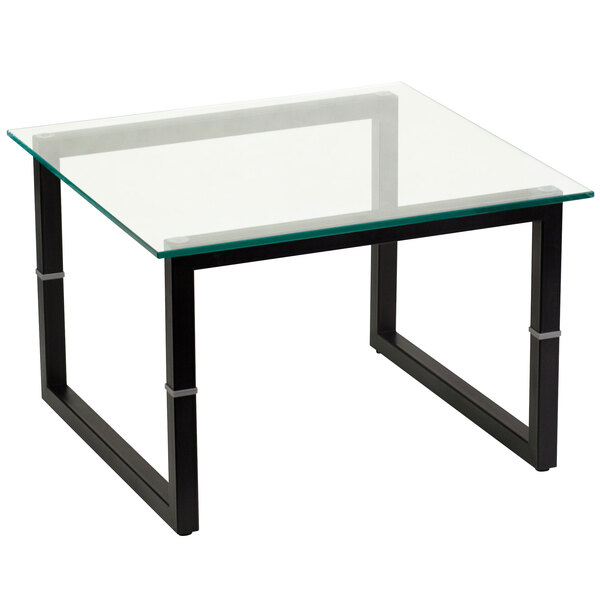 A Flash Furniture square black metal end table with a glass top.