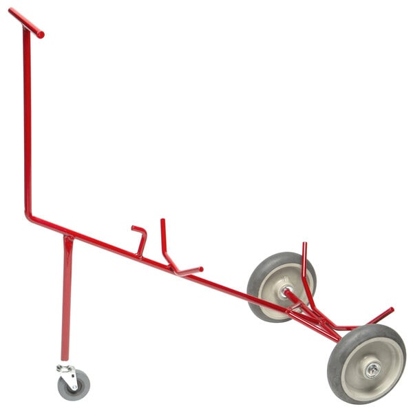 A red hand cart with wheels and a handle.