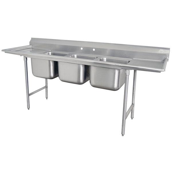 Advance Tabco T9-83-60-18RL Regaline Three Compartment Stainless Steel Commercial Sink with Two Drainboards - 103" Long, 20" x 28" x 12" Compartments