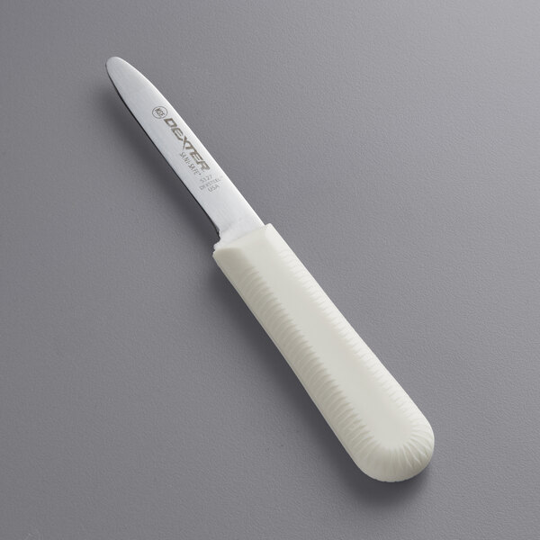 A Dexter Russell clam knife with a white textured handle.