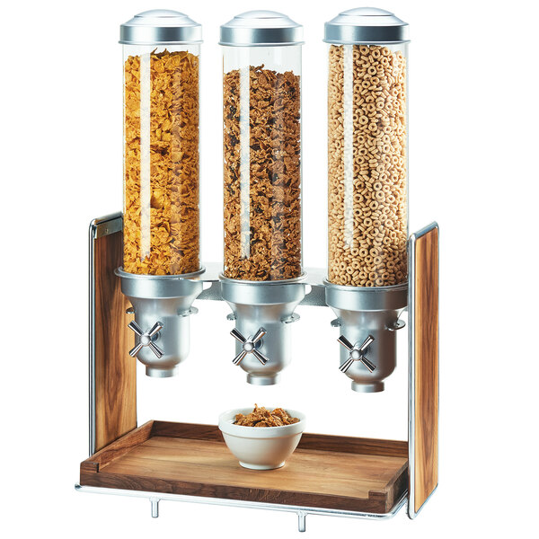 Cal-Mil 3720-49 Mid-Century 4.5 Liter Walnut and Chrome Triple Canister Cereal Dispenser