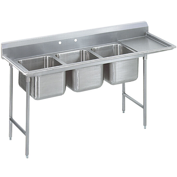 Advance Tabco T9-3-54-18R Regaline Three Compartment Stainless Steel Commercial Sink with Right Drainboard - 77" Long, 16" x 20" x 12" Compartments