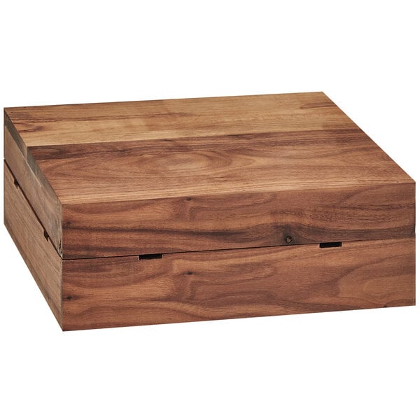 A Cal-Mil walnut wooden square crate riser with two compartments.