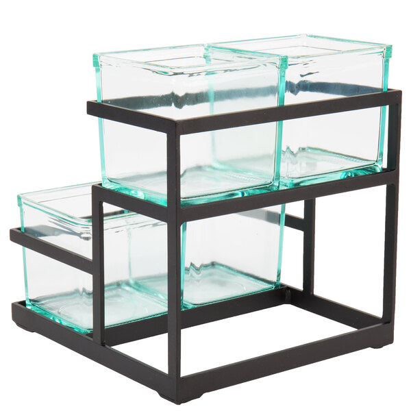 CalMil 360413 2Step Black Condiment Display with 4 Glass Jars 11" x 10 1/4" x 11 1/2"