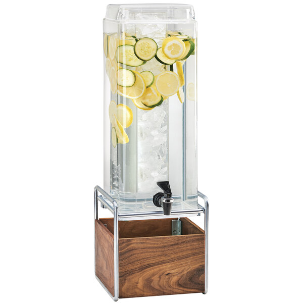 Cal-Mil 3703-3-49 Mid-Century 3 Gallon Square Beverage Dispenser with Walnut and Chrome Base and Ice Chamber
