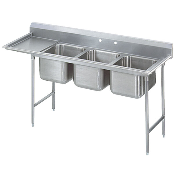 Advance Tabco T9-3-54-18L Regaline Three Compartment Stainless Steel Commercial Sink with Left Drainboard - 77" Long, 16" x 20" x 12" Compartments