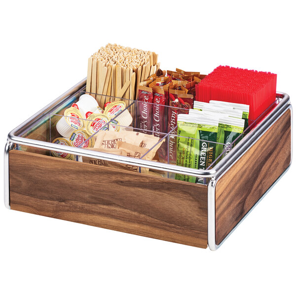 Cal-Mil 3707-49 Mid-Century 9 Compartment Wood Condiment Organizer with Chrome Accents - 12" x 12" x 4 1/2"