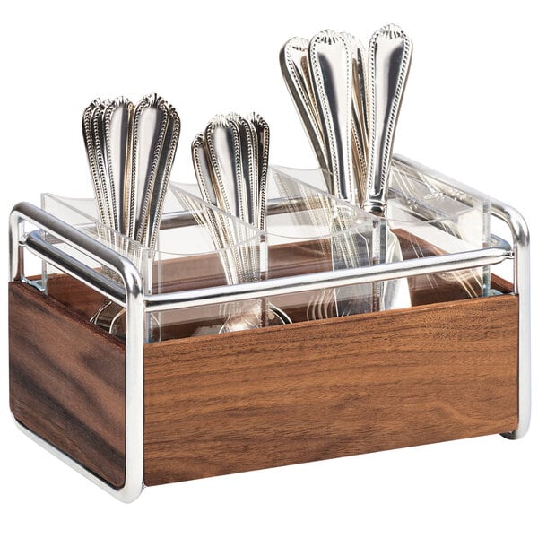 A wooden box with Cal-Mil Mid-Century flatware organizers inside.