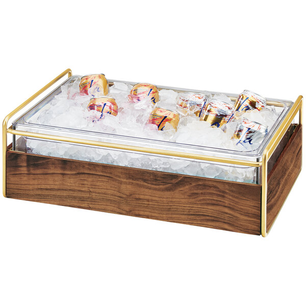 Cal-Mil 3702-12-46 Mid-Century Brass Metal and Wood Ice Housing with Clear Plastic Pan - 14" x 22" x 7"