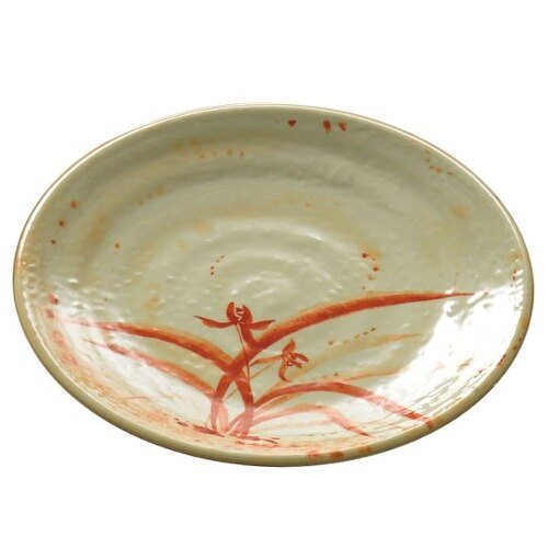 A white melamine plate with an orange and gold flower design.