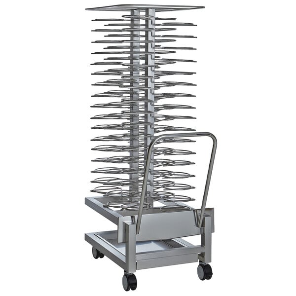 A stainless steel Alto-Shaam roll-in plate rack holding many plates.