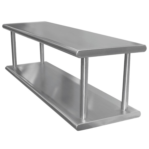 A stainless steel Pass-Through Shelf with two metal shelves on it.