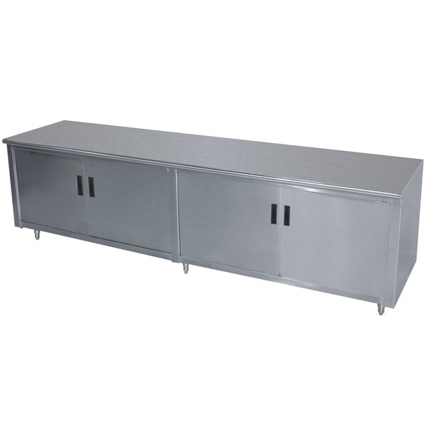 Advance Tabco HB-SS-3010M 30" x 120" 14 Gauge Enclosed Base Stainless Steel Work Table with Hinged Doors and Fixed Midshelf