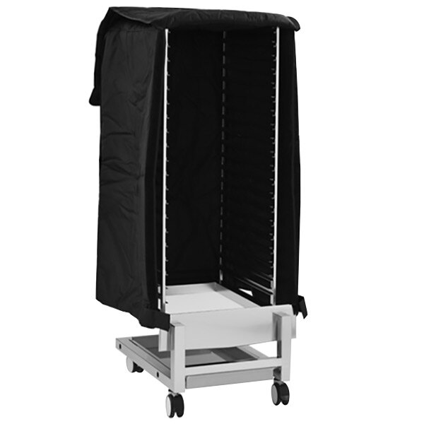 A black nylon thermal blanket cover on a black and silver cart.