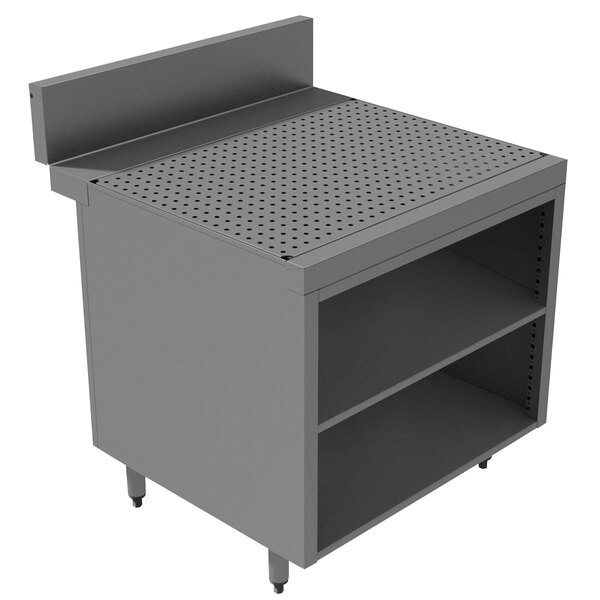 A grey metal Advance Tabco drainboard cabinet with a shelf above it.
