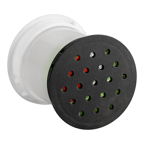A vacuum breaker replacement part with a black perforated cap and white base, designed for Avantco refrigeration units.