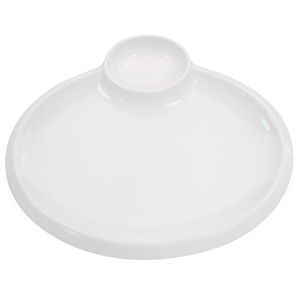 A white oval porcelain platter with a round base.