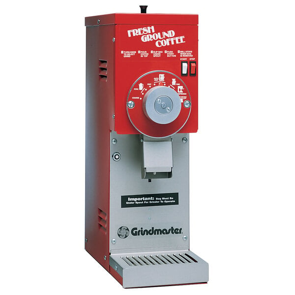A red and silver Grindmaster Slimline coffee grinder.
