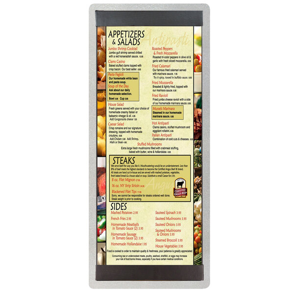 A Menu Solutions Alumitique menu board on a counter with text and images.