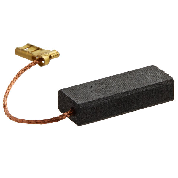 A black rectangular object with a copper wire and a gold metal object.