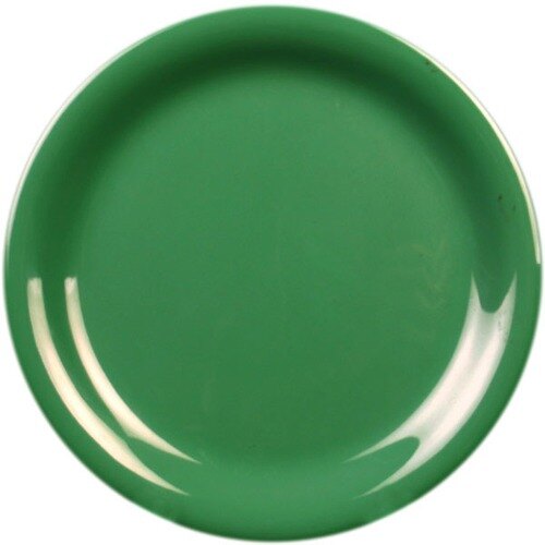 A close-up of a green Thunder Group narrow rim melamine plate.