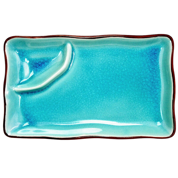 CAC 666-77-BLU Japanese Style 8" x 4" Divided Stoneware Plate - Black Non-Glare Glaze / Lake Water Blue - 24/Case
