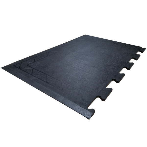 A black puzzle mat with a square design made of three interlocking pieces.