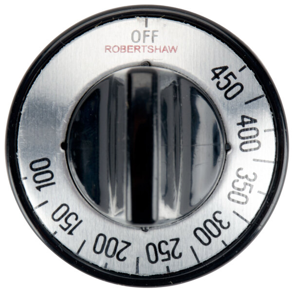 A close-up of a black FMP thermostat knob with numbers and a black handle with Robert-Shaws off-set dial.