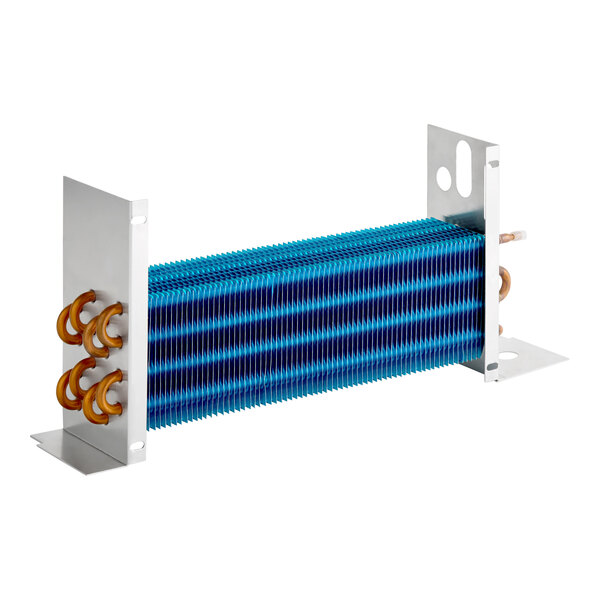 An evaporator coil for a refrigeration unit, featuring blue fins and copper tubing with metal mounting brackets on each end.