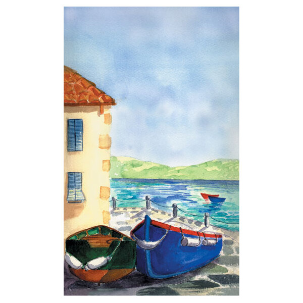 Menu paper with a watercolor painting of boats on a dock.