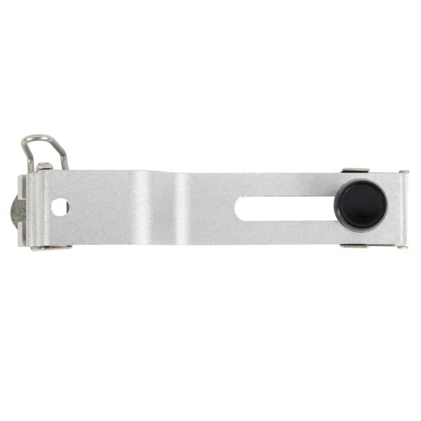 A silver Vollrath flip top cover hinge with a black button.