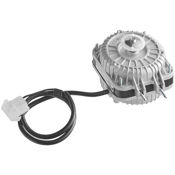 An Avantco evaporator fan motor with a cord and black and white wires.