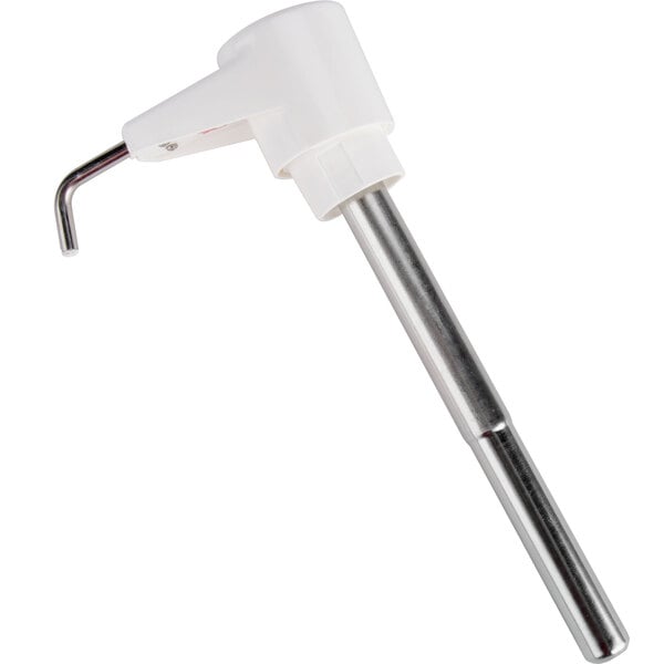 A Kutol white and silver hand pump with a metal rod.