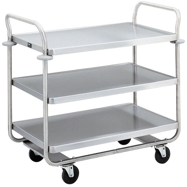 A silver Vollrath Caravelle metal cart with three shelves.
