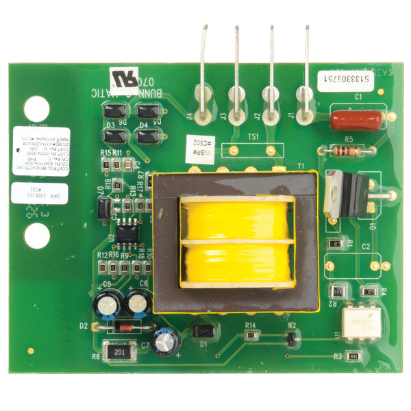 A green Bunn replacement water level control circuit board with a yellow square.