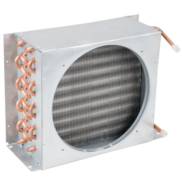 The Avantco condenser coil, a metal heat exchanger with copper pipes inside a metal box with a round vent.