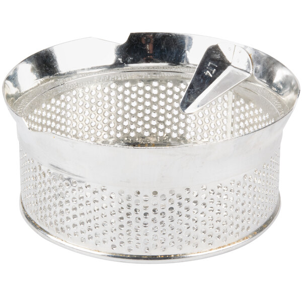 A silver metal Tellier perforated sieve with a handle and holes.