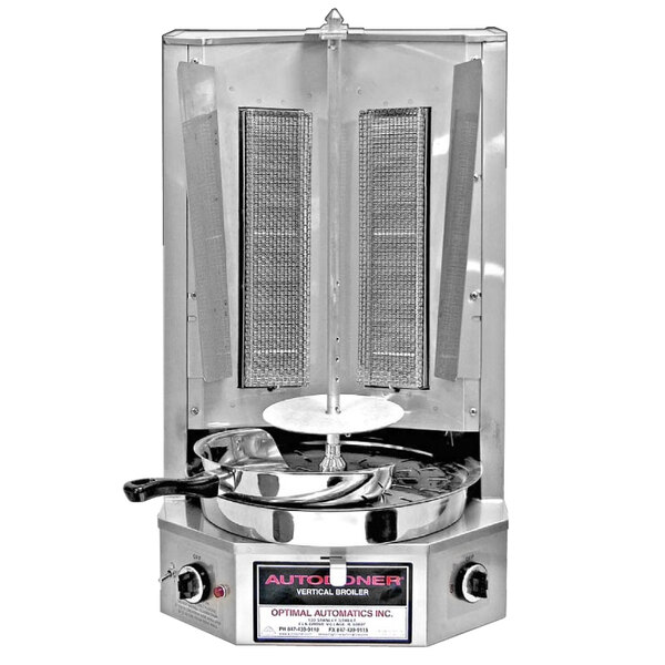 An Optimal Automatics Autodoner vertical broiler with a stainless steel pot on top.