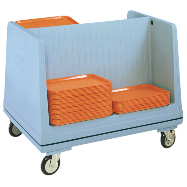 A white Metro dish cart with orange trays on it.