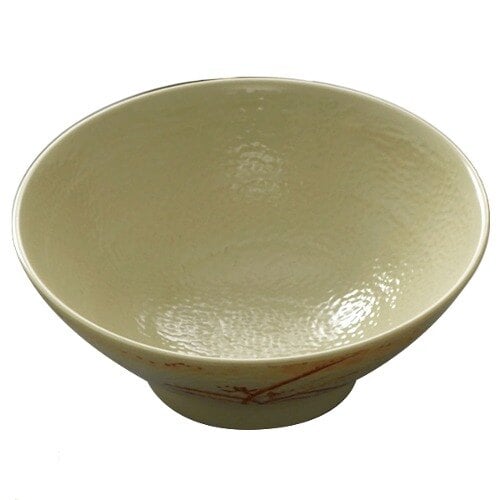 A close-up of a white Thunder Group melamine bowl with a brown and gold orchid design.