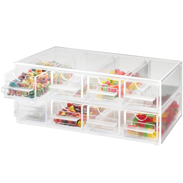 A Cal-Mil topping dispenser with eight clear plastic drawers.