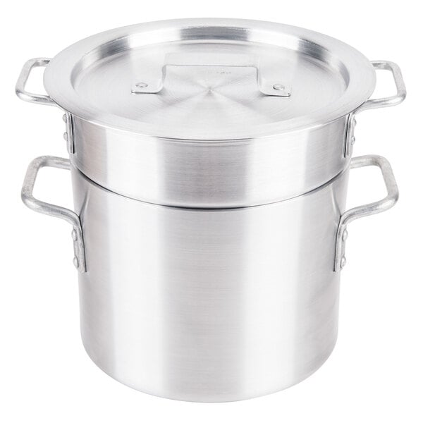 An aluminum Thunder Group double boiler pot with two handles and a lid.