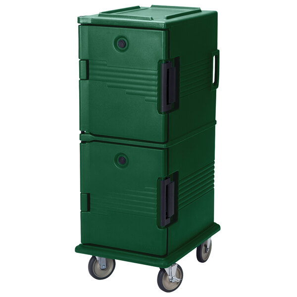 A green Cambro Ultra Camcart for food pans on heavy-duty casters with black handles.