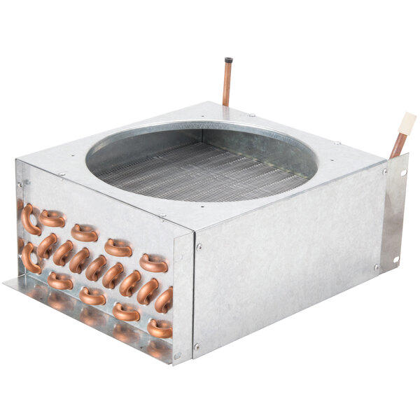 An Avantco condenser coil with a metal box and copper pipes.
