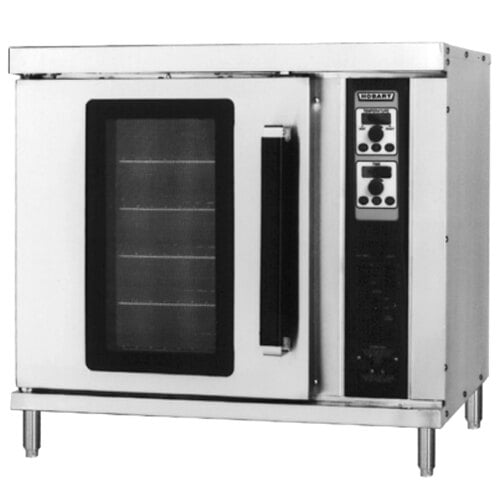 A stainless steel Hobart commercial convection oven with two doors.
