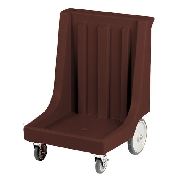 A dark brown plastic Camdolly with wheels.